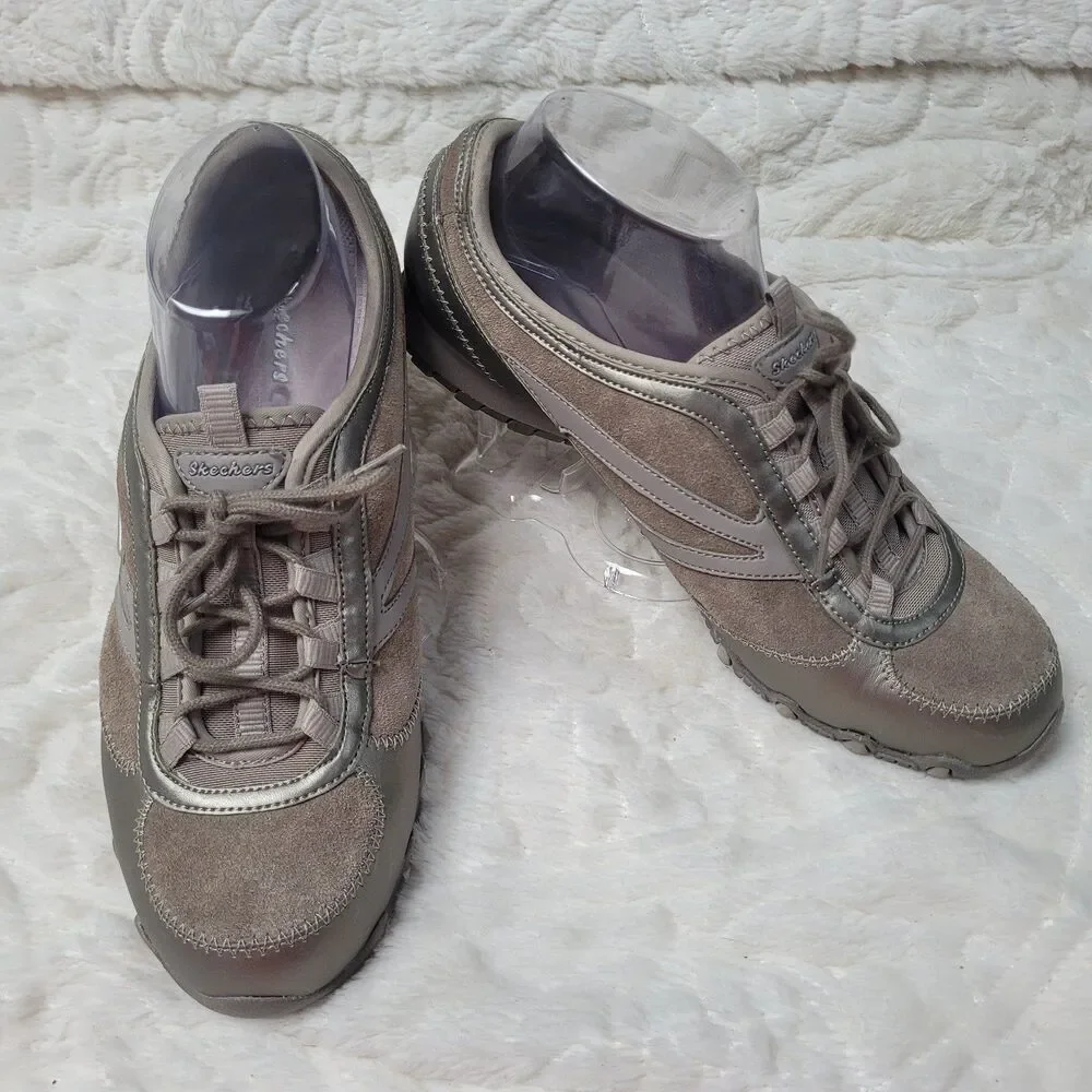 Skechers Lace Up Comfort Sneakers 22018 Leather Low Top Rhinestones Taupe 10 - Picture 3 of 12
